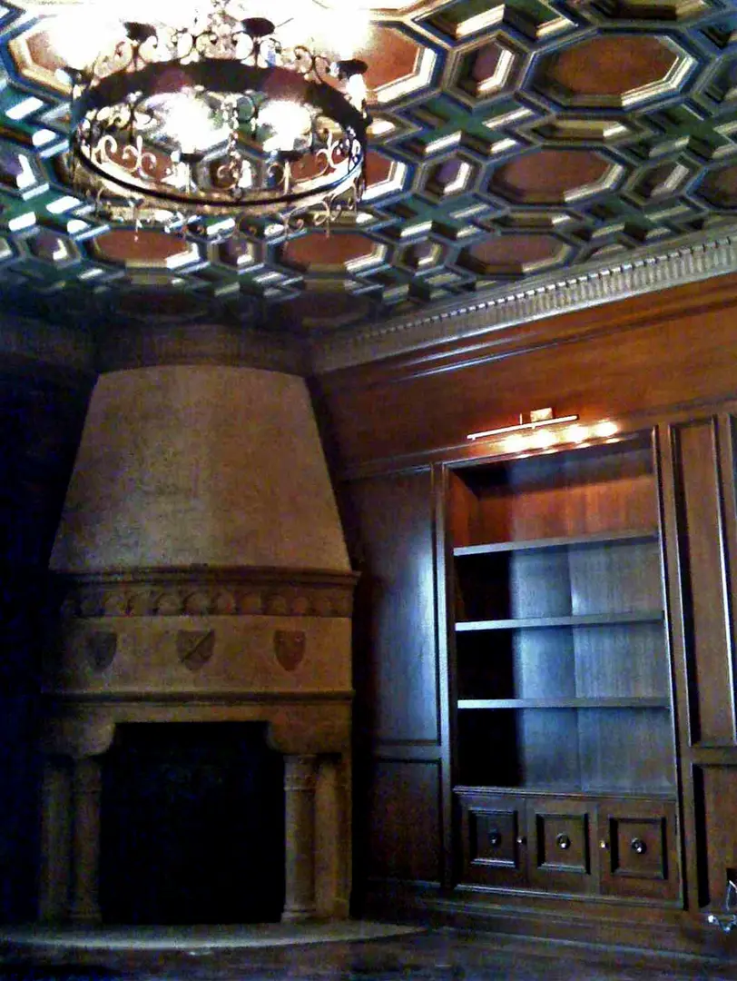 Elegant room with ornate ceiling, fireplace, and built-in bookshelf.