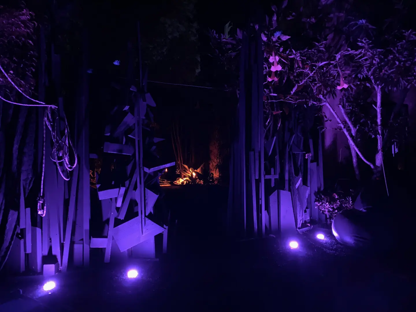 Eerie glowing purple and orange lights illuminate a spooky, abandoned setting.