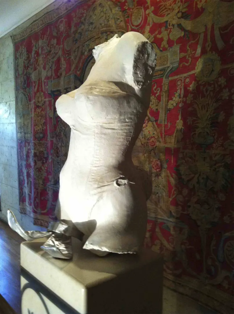 A white torso mannequin stands on a table against a patterned backdrop.